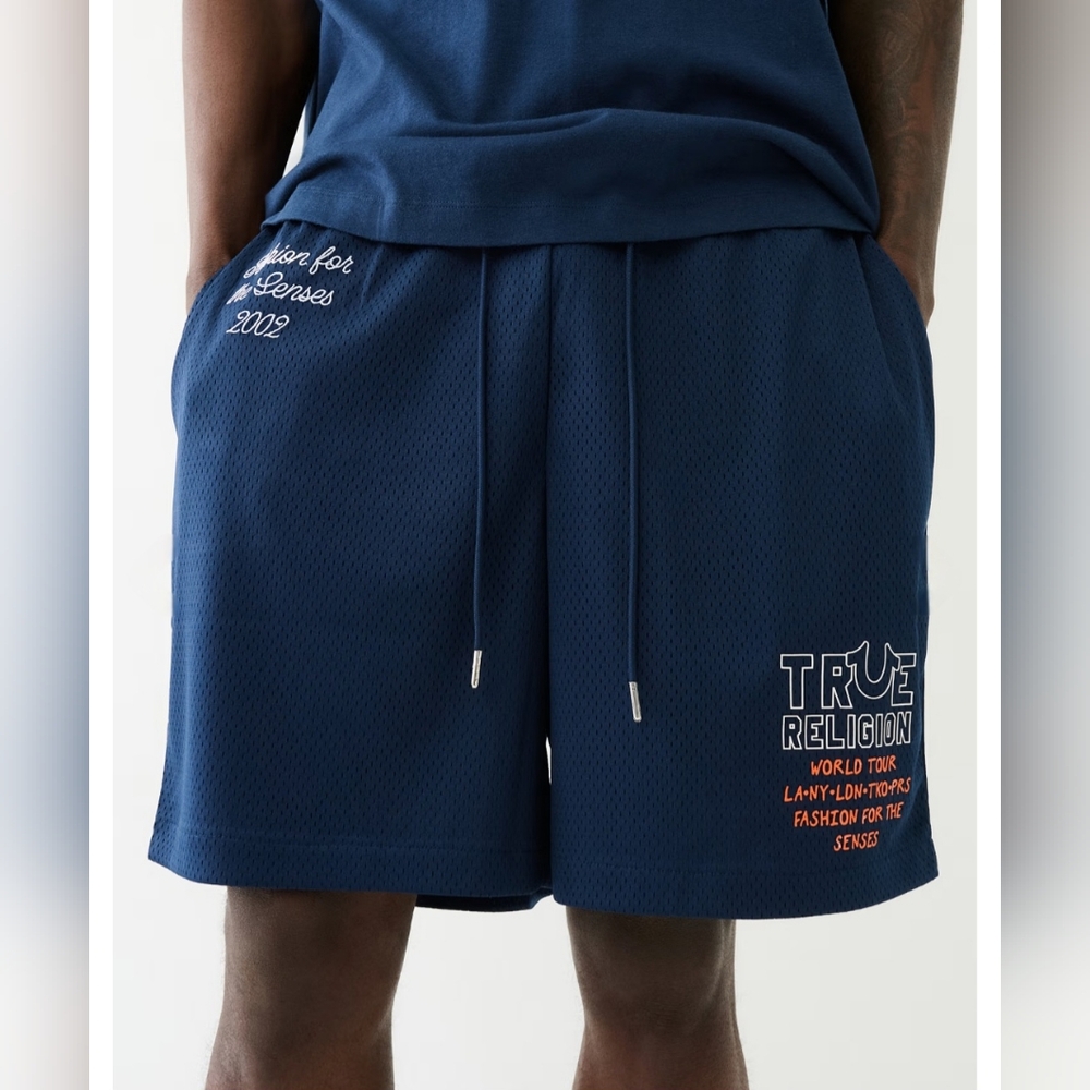 NWT True Religion "Embroidered Jersey Mesh Sweat Shorts" Navy Blue | Men's 3XL